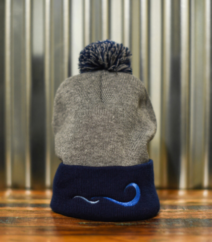 Pompom Beanie – Navy and gray with embroidered front view